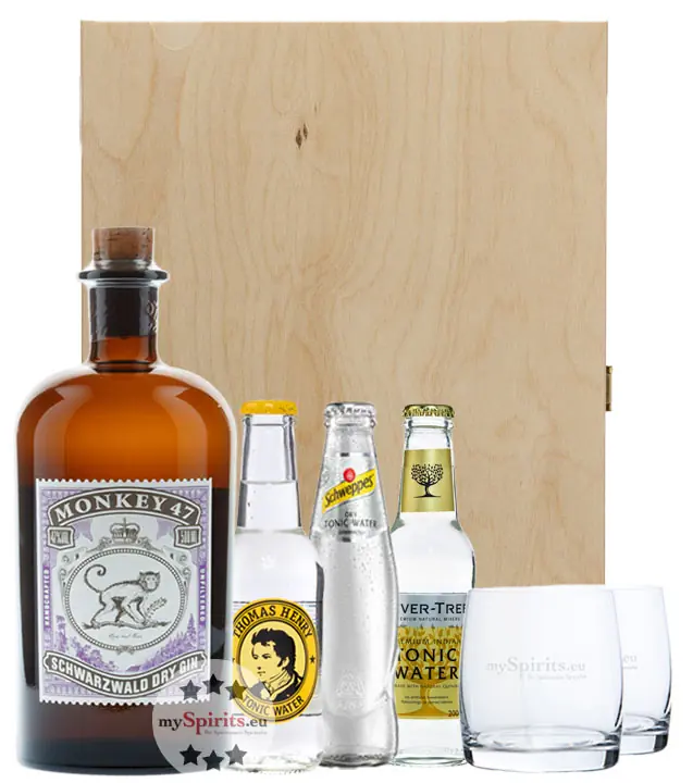 Monkey47 Gin 47% Vol 0,5L +Schweppes Dry 0,2L inkl 0,10€Pfand +Th.Henry 0,2L inkl 0,15€Pfand +Fever-Tree Indian 0,2L inkl 0,25€Pfand +2xGlas