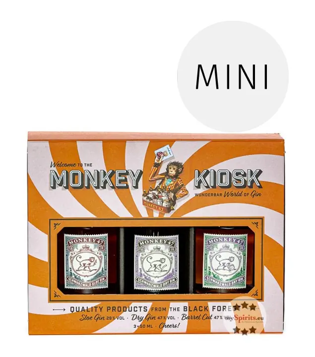Monkey Kiosk Gin Miniaturen-Probierset / 29 - 47 % Vol. / 5 x 0,05 Liter-Flaschen in Deko-Box