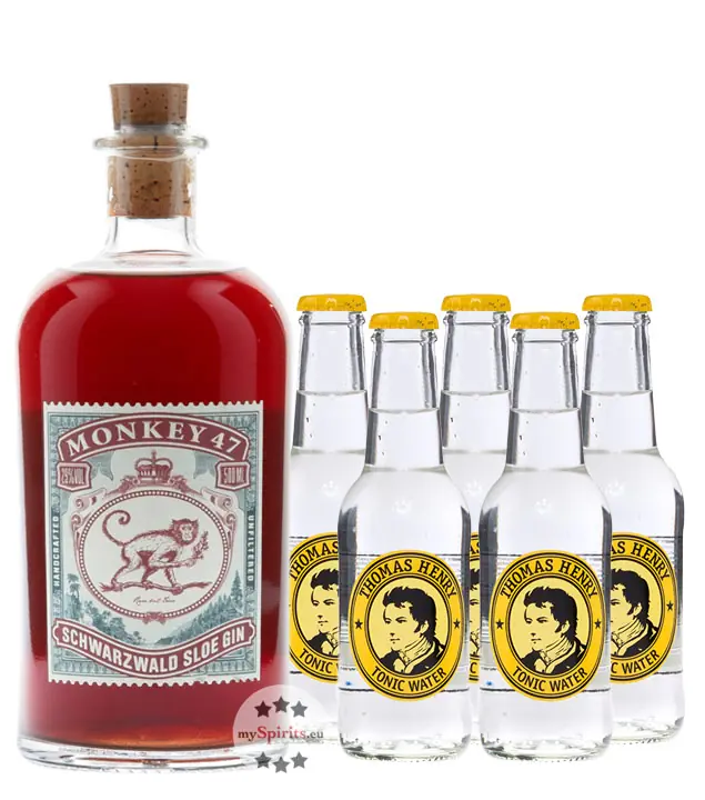 Monkey 47 Sloe Gin (29 % Vol., 0,5l) & 5 x Thomas Henry Tonic Water (0,2l) inkl. 0,75 € Pfand