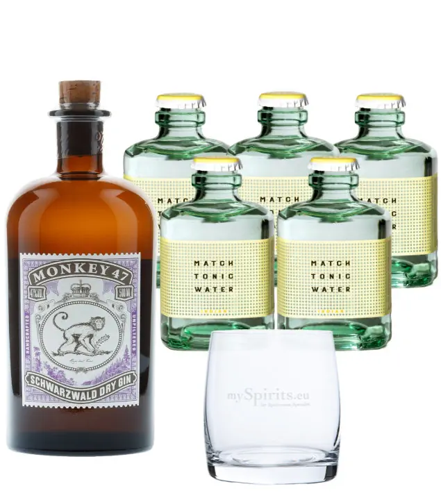 Monkey 47 Dry Gin (47 % vol, 0,5 l) & 5 x Match Indian Tonic Water (0,2 l) inkl. 1,50 € Pfand + 1 Glas