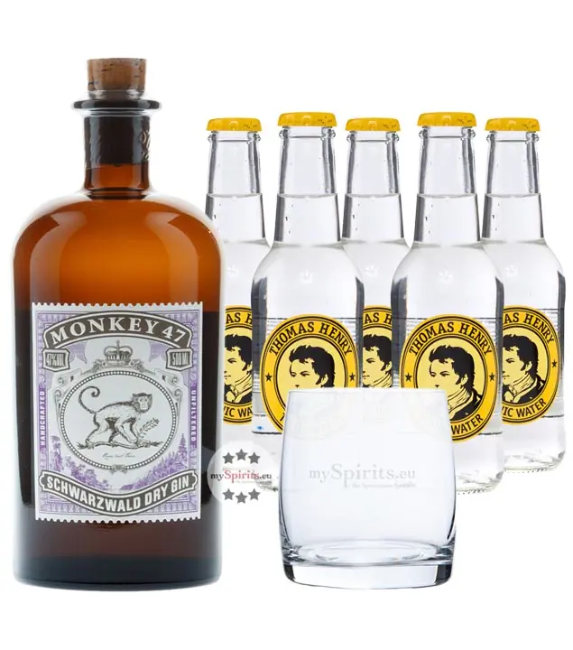 Monkey 47 Dry Gin (47 % Vol., 0,5 L) & 5 x Thomas Henry Tonic Water (0,2 L) + Glas