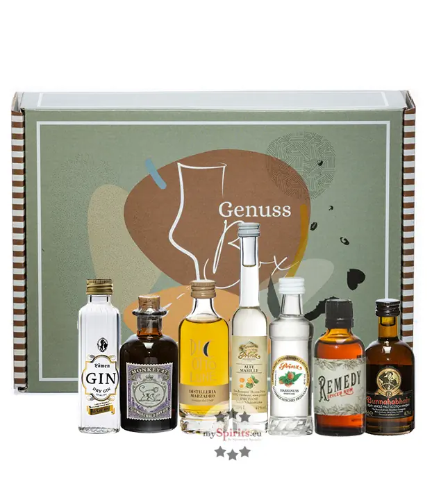 mySpirits Tasting Box No. 2: Minis im Probierset / 40-47 % Vol. / 4 x 4 cl & 3 x 5 cl Flaschen in GP