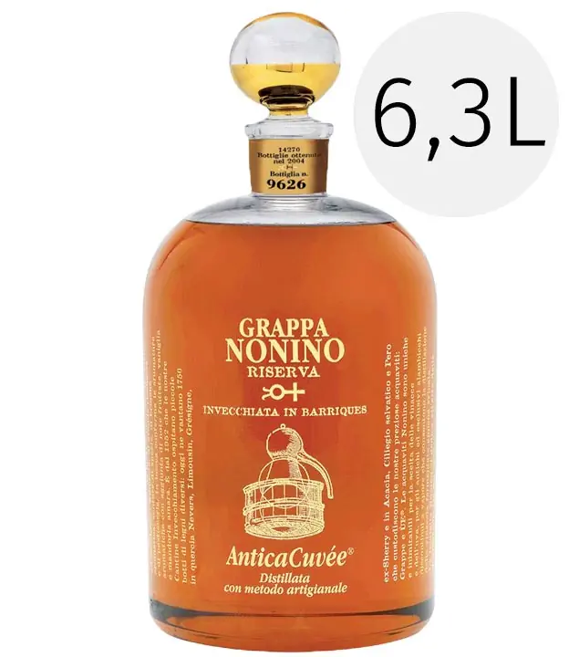 Nonino Grappa Riserva Antica Cuvée 5 Jahre – in Eichholzfässern gereift / 43 % Vol. / 6,3 Liter-Flasche in Holzkiste