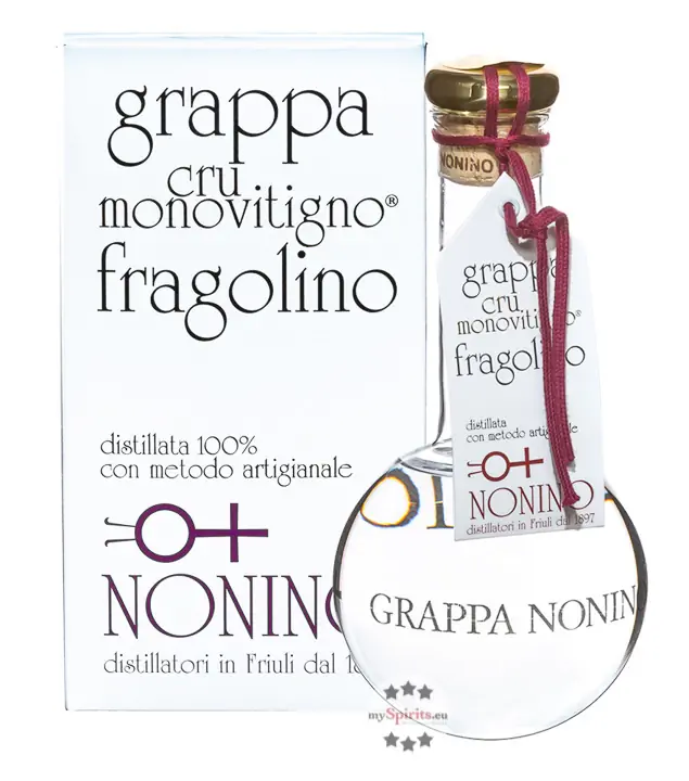 Grappa Nonino: Cru Fragolino Grappa Monovitigno / 45 % vol. / 0,5 Liter-Flasche mundgeblasen im Geschenk-Karton