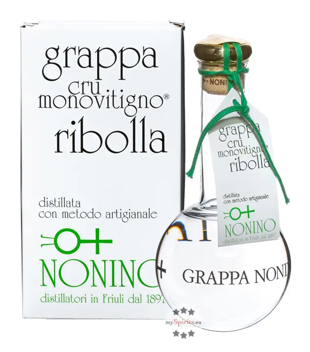 Grappa Nonino: Cru Ribolla Grappa Monovitigno / 45 % vol. / 0,5 Liter-Flasche mundgeblasen im Geschenk-Karton