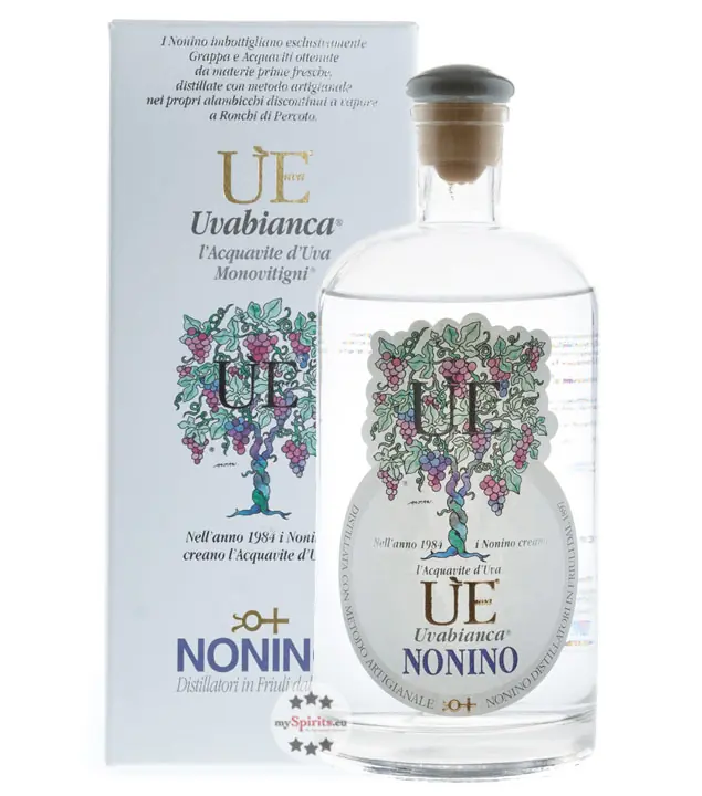 Grappa Nonino: ÙE Uvabianca Acquavite d’Uva Monovitigni Trauben-Brand / 38 % vol. / 0,7 Liter-Flasche im Geschenk-Karton