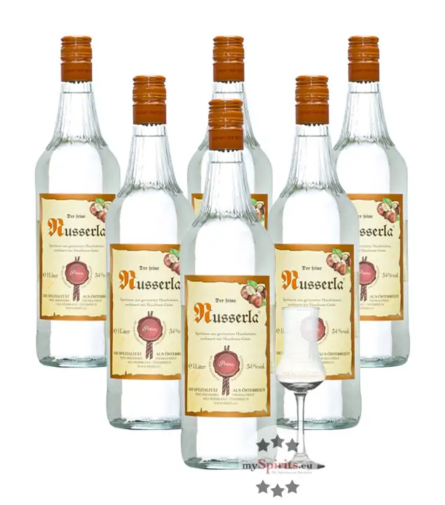 6 x Prinz Nusserla / 34 % Vol. / 6 x 1,0 Liter-Flasche + 1 x gratis mySpirits-Schnapskelch