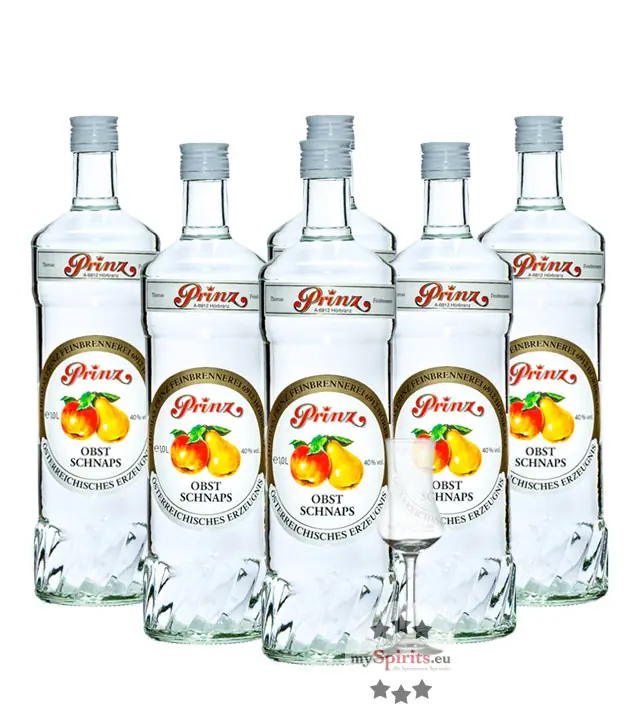 6 x Prinz Obstschnaps 40 % vol. / 40 % Vol. / 6 x 1,0 Liter-Flasche + 1 x gratis mySpirits-Schnapskelch