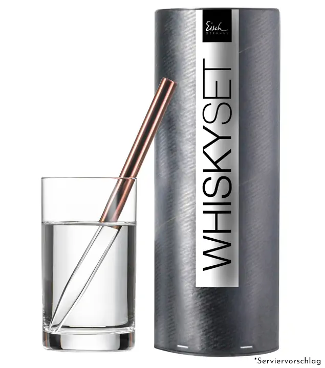 Eisch Whiskypipetten Set kupfer in Geschenkdose / Whiskypipette L: 170 mm, Ø 8 mm, Wasserglas 190 ml