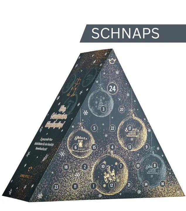 Prinz Adventskalender „Schnaps“ feine Schnäpse 2024 / 30-45 % vol / 19x 0,02l und 6x 0,04l inkl. 2 Christbaumkugeln