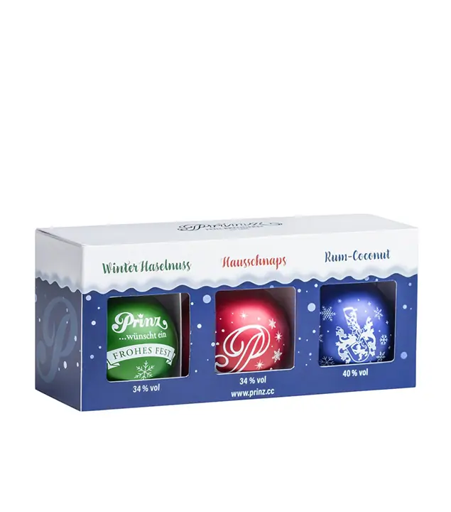 Prinz Christbaumkugeln mit Schnaps und Likör 3er Set / 34 – 40 % Vol. / 3 x 0,04 Liter-Flasche