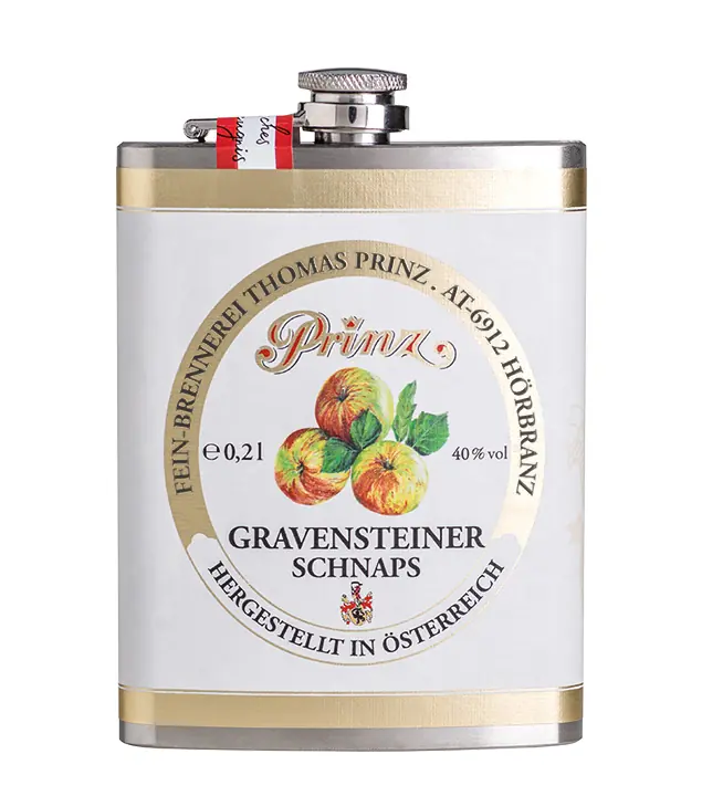 Prinz Flachmann Gravensteiner Schnaps / 40 % vol / 0,2 Liter-Flasche aus Edelstahl
