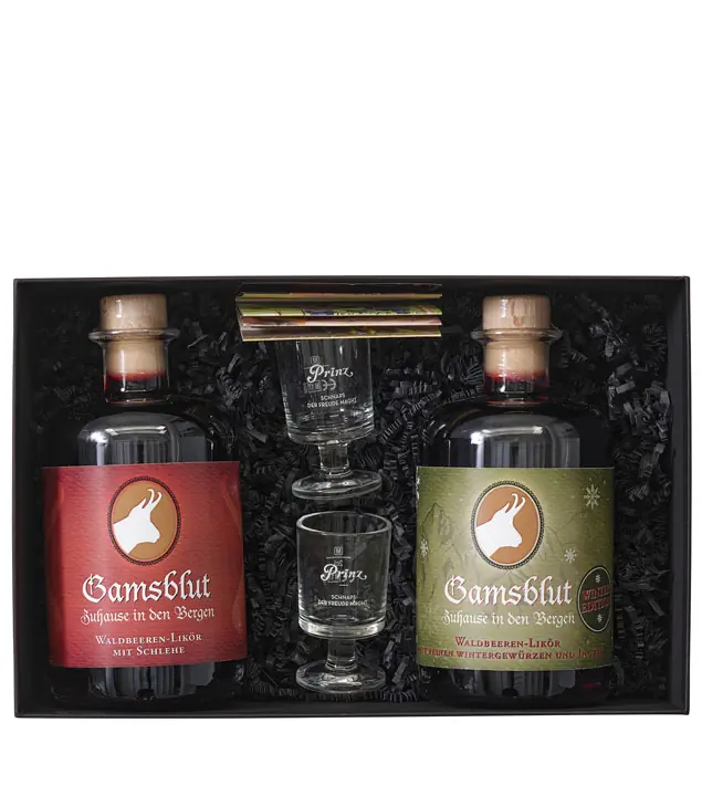 Prinz Geschenk-Set "Gamsblut Duo" / 23 % Vol. / 2 x 0,5 Liter-Flasche & 2 x Hüttenglas
