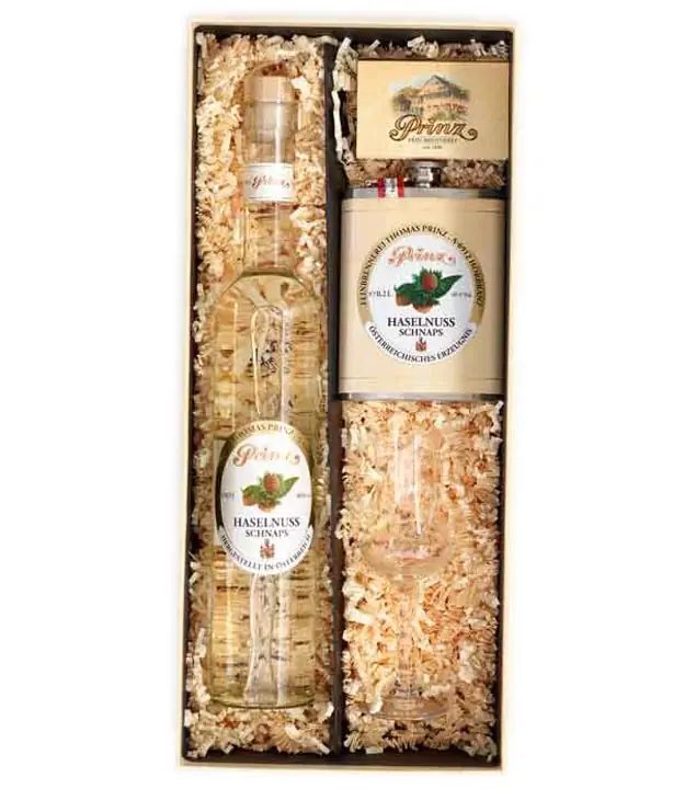 Prinz Geschenk-Set Haselnuss mit Flachmann / 40 % Vol. / 1x 0,5l & 1x 0,2l in Geschenkbox