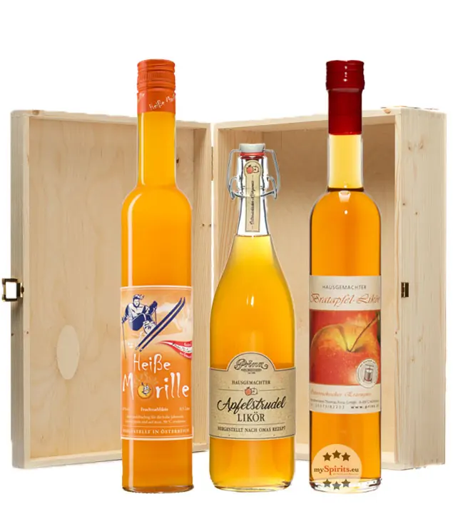 Prinz Geschenkset Heiße Wintertage: Bratapfel-, Apfelstrudel- & Heiße Marille-Likör / 16 % Vol. / 3 x 0,5 Liter-Flasche in Prinz-Holzschatulle