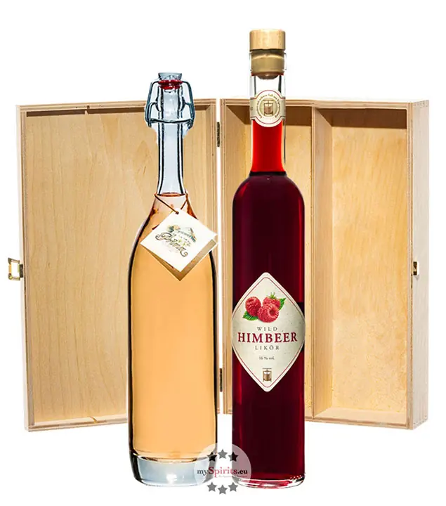 Prinz: Geschenk-Set Himbeer-Glück mit Wild-Himbeer Likör & Alte Wald-Himbeere / 16 % & 41 % Vol. / 2 x 0,5 Liter-Flasche in Holzbox