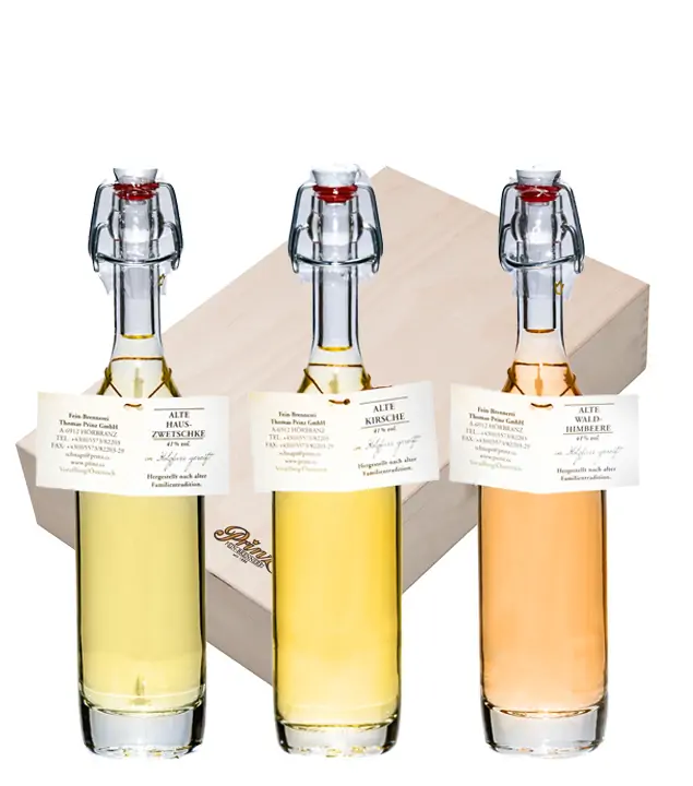 Prinz: Geschenk-Set Holzfass-Traum mit Alte Haus-Zwetschke, -Kirsche & -Wald-Himbeere / 41 % Vol. / 3 x 0,2 Liter-Flasche in Holzbox 