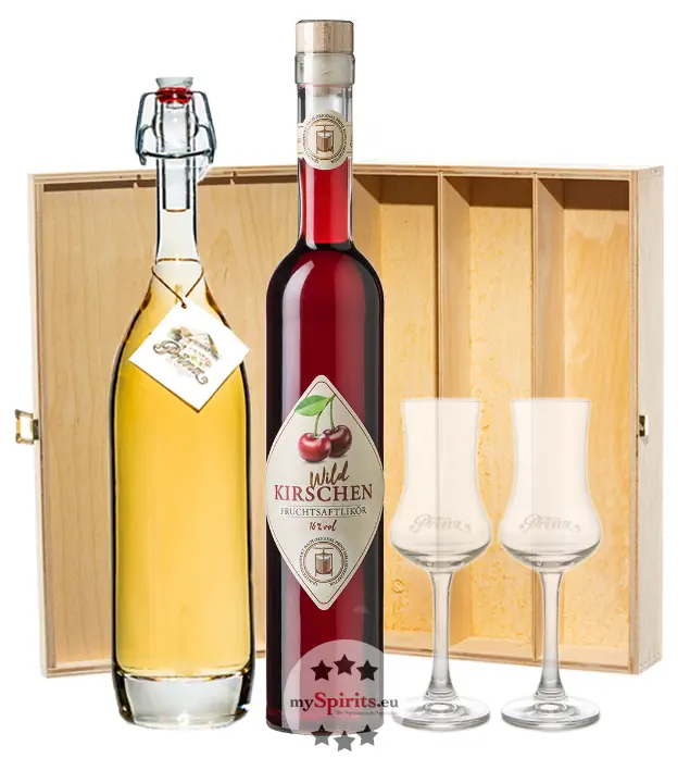 Prinz: Geschenk-Set Kirschen-Glück mit Wild-Kirsch Likör & Alte Kirsche / 16 & 41 % Vol. / 2 x 0,5 Liter-Flasche & 2 x Prinz Schnapskelch in Holzbox