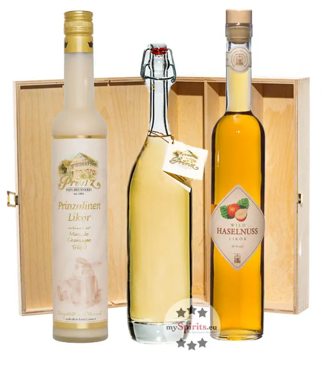 Prinz: Geschenk-Set Naschkatze mit Prinzalinen Likör, Wild-Haselnuss & Alte Haselnuss / 15 - 41 % Vol. / 3 x 0,5 Liter-Flasche in Holzbox