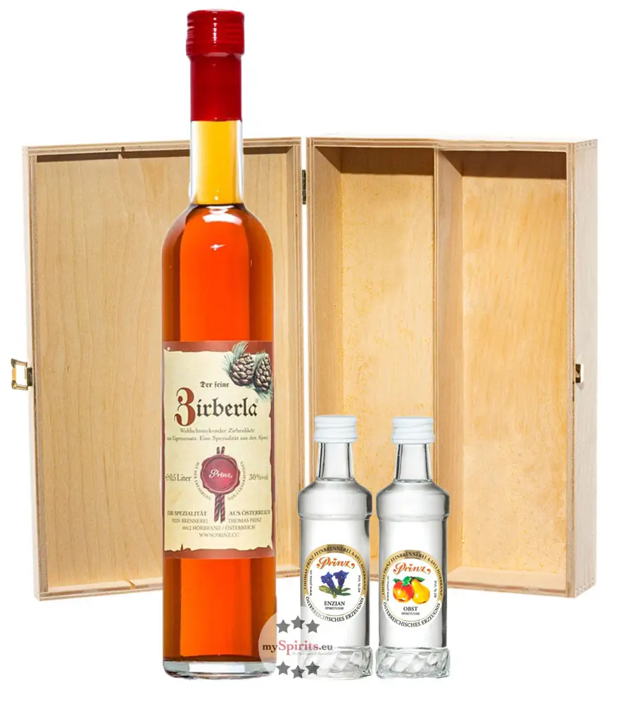 Prinz: Geschenk-Set Wanderfreund mit Zirberla, Enzian & Obstler / 30 & 40 % Vol. / 1 x 0,5 Liter-Flasche + 2 x 0,04 Liter-Miniatur