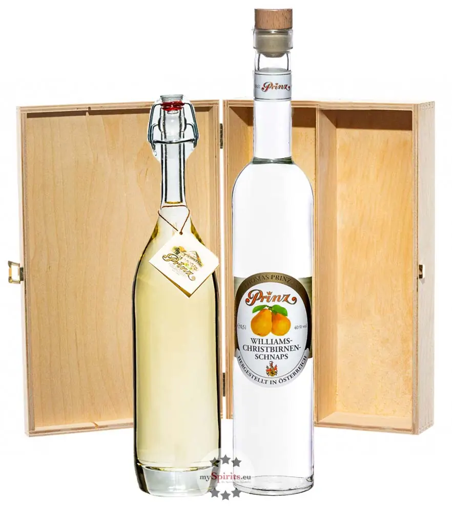Prinz: Geschenk-Set Williams-Glück mit Alte Williamsbirne & Williams-Birnen-Schnaps / 40 & 41 % Vol. / 2 x 0,5 Liter-Flasche in Holzbox