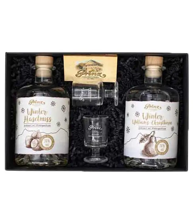 Prinz Geschenkset Winter-Schnäpse - Winter Haselnuss & Winter Williams-Christbirnen Schnaps / 34 % Vol. / 2x 0,5l + 2x Glas in Box
