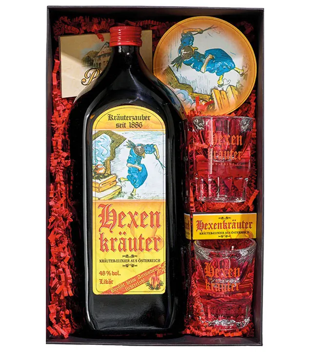 Prinz Geschenk-Set Hexentanz mit Hexenkräuter-Likör / 48 % Vol. / 1,0 Liter-Flasche & Zubehör in Box