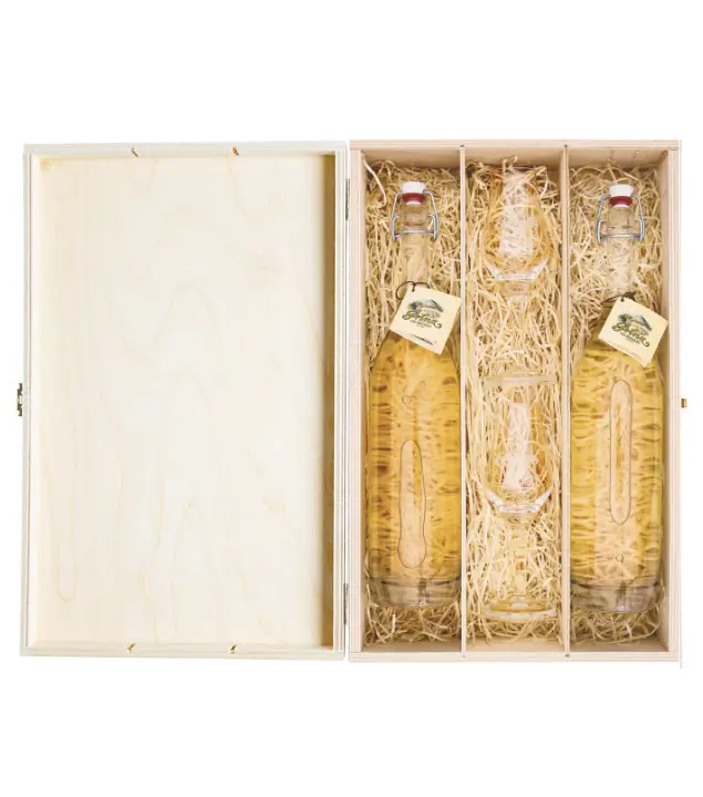 Prinz: Geschenk-Set Holzfass-Duo - Prinz Alter Williams & Prinz Alte Marille mit 2 Exklusiv-Kelchen in Holz-Kiste