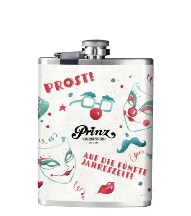 Prinz Flachmann Karneval - Nusserla / 34 % vol / 0,2 Liter-Flasche aus Edelstahl