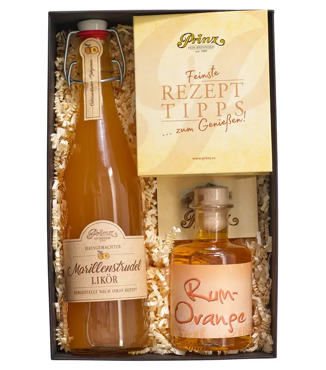 Prinz: Geschenk-Set "Marillen-Rezeptbox" / 16 - 40 % Vol. / 0,5 + 0,2 Liter-Flasche in Geschenkbox