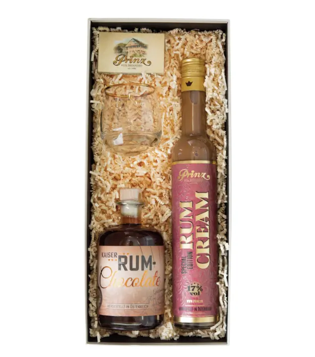 Prinz Geschenkset Rum-Gestöber: Rum-Chocolate & Rum-Cream Likör / 17 & 40 % vol / 2 x 0,5l + Likör Tumbler in Box