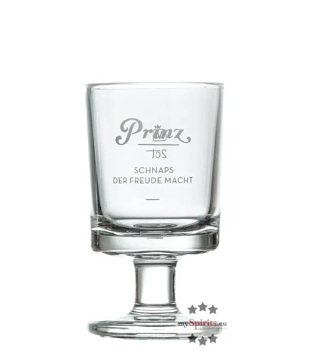 Prinz: Original Schnapsglas "Stamperl" mit Stiel klein - weißer Schriftzug / 2cl Eichstrich / Ø ca. 3,5 cm / H: ca. 7 cm
