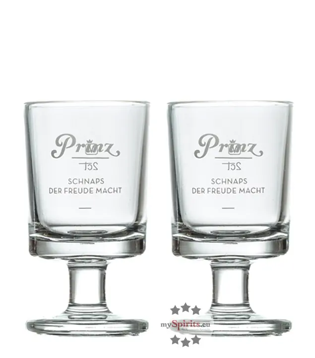2 x Prinz: Original Schnapsglas "Stamperl" mit Stiel klein - weißer Schriftzug / je Stück 2cl Eichstrich / Ø ca. 3,5 cm / H: ca. 7 cm