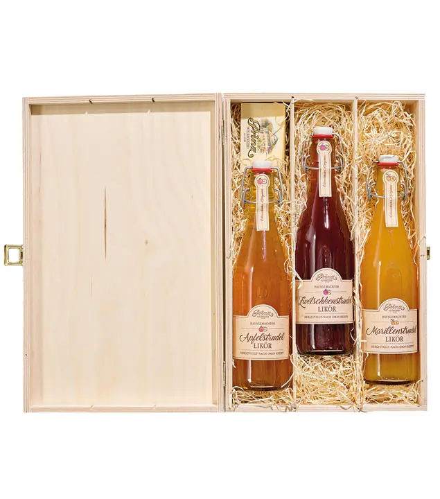 Prinz Geschenk-Set Strudelzeit mit Apfel-, Marillen-, Zwetschkenstrudel-Likör / 16 % Vol. / 3 x 0,5 Liter-Flasche in Holzbox