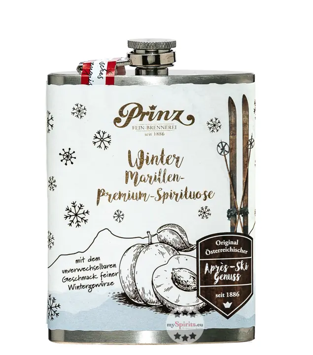 Prinz Flachmann Winter Marille / 34 % vol / 0,2 Liter-Flasche aus Edelstahl