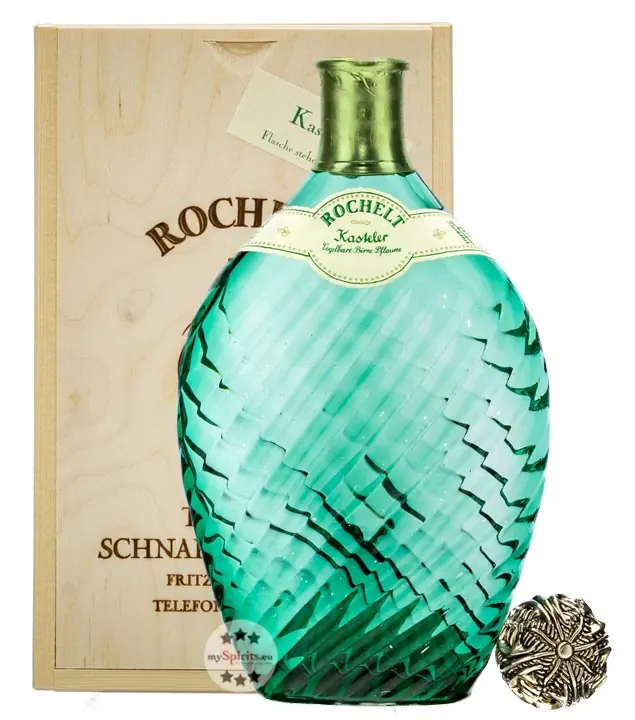 Rochelt Kasteler Cuvée aus Vogelbeeren-, Williams- & Pflaumenbrand / 50 % Vol. / 0,35 Liter-Flasche in Holzkiste