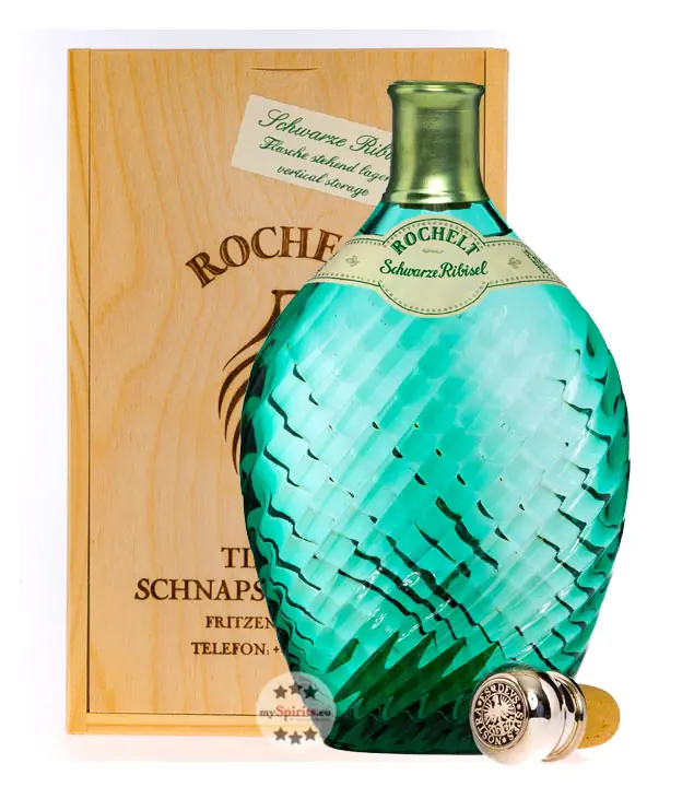 Rochelt Schwarze Ribisel – Fruchtbrand aus schwarzer Johannisbeere / 52 % Vol. 0,35 Liter-Flasche in Holzkiste