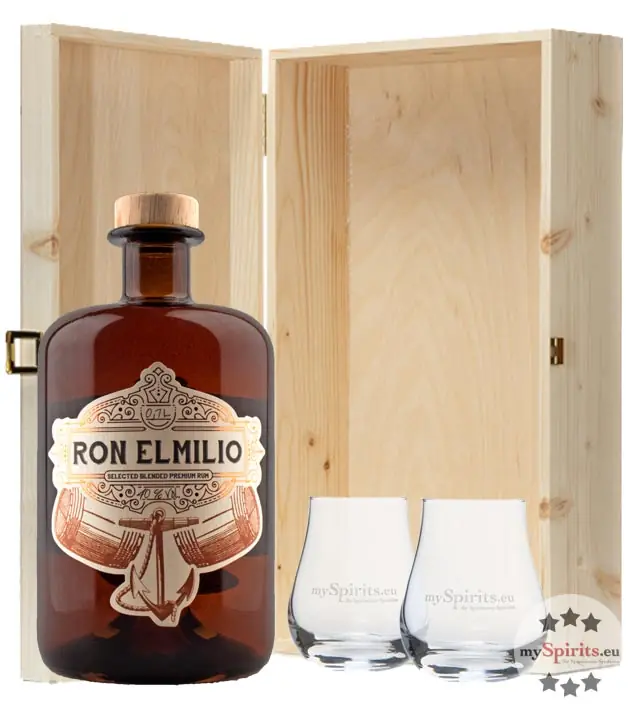 Ron Elmilio Rum-Geschenkset mit 2 Nosing-Gläsern in Holzkiste / 40 % Vol. / 0,7 L + 2 x Nosing-Glas