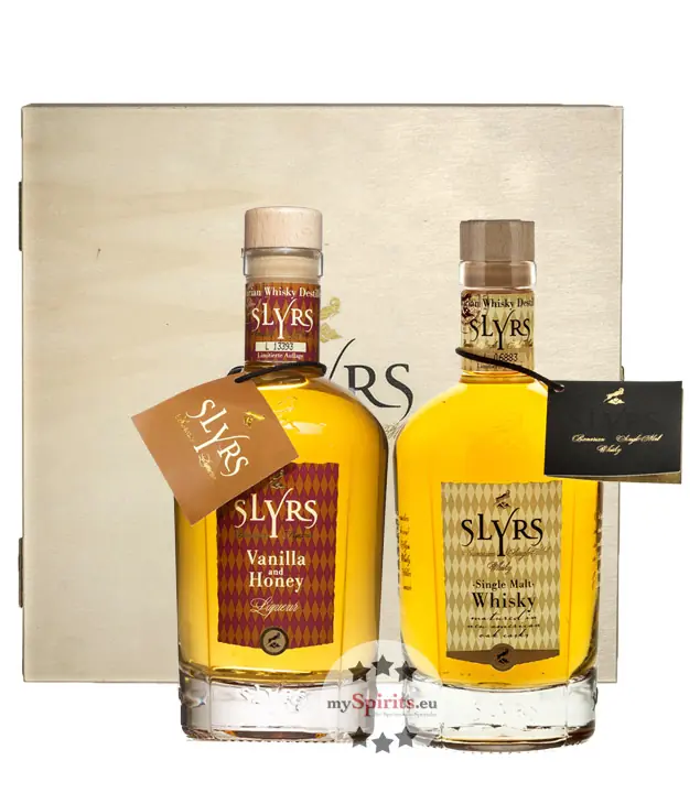 Slyrs: Geschenkbox "Sie & Er" mit Single Malt Whisky 43 % Vol. & Whisky Likör 30 % Vol. in Holzkiste