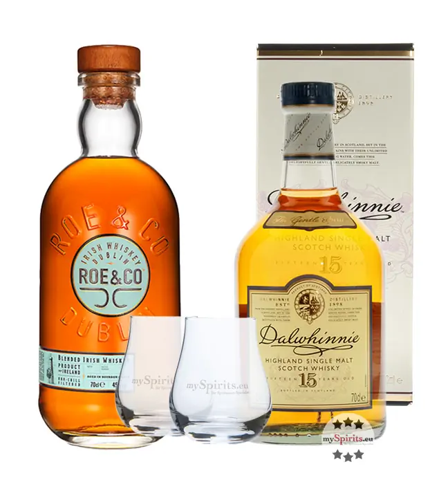 Whisky-Set: Dalwhinnie 15 + Roe & Co Whiskey mit 2 Nosing-Gläsern / 43 % + 45 % Vol. / 2 x 0,7 Liter