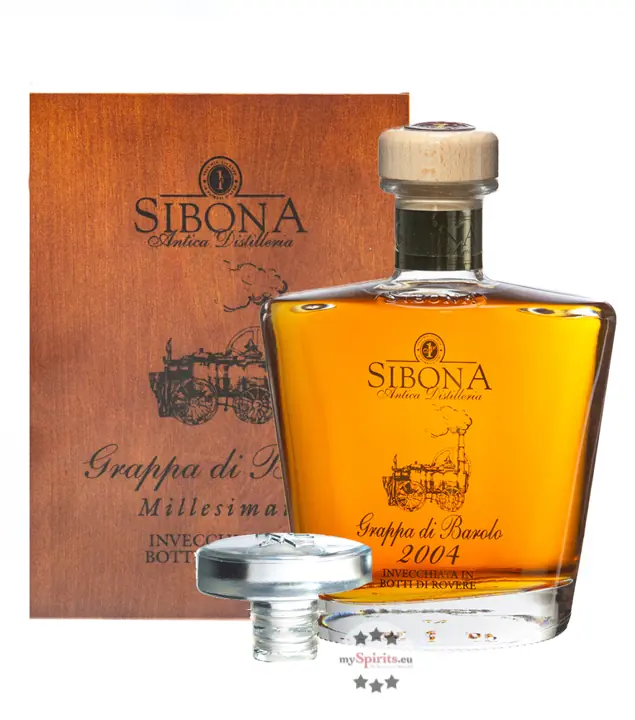 Sibona Grappa Riserva di Barolo Millesimata Invecchiata / 44 % Vol. / 0,7 Liter-Flasche in Holzschatulle