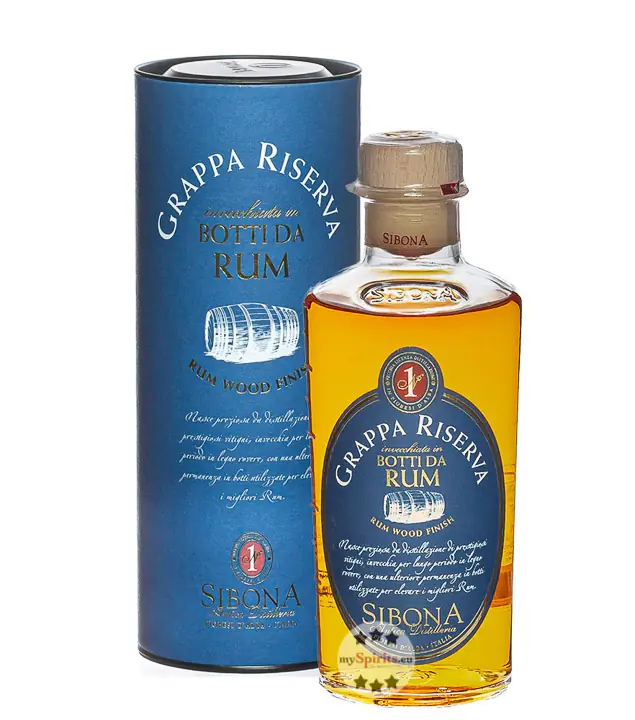 Sibona Grappa Riserva Botti da Rum / 40 % Vol. / 0,5 Liter-Flasche in Geschenkdose