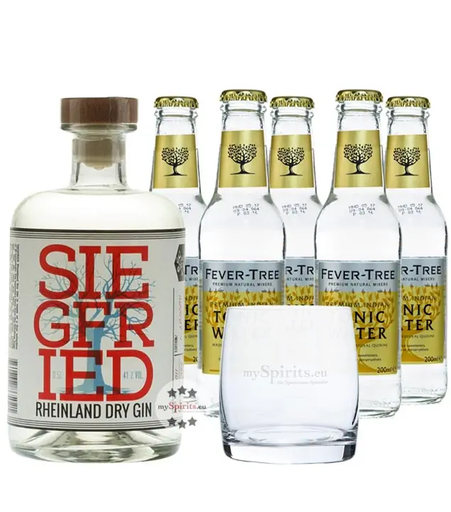 Siegfried Rheinland Gin (41 % Vol., 0,5 L) & 5x Fever-Tree Tonic (0,2 L) inkl. 0,75 € Pfand + 1 Glas