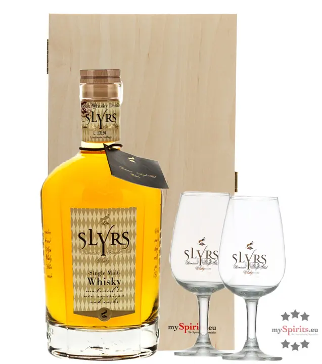 Slyrs Single Malt Whisky Geschenkbox / 43 % vol / 0,7 l + 2 x Slyrs Whiskyglas in mySpirits Holzkiste