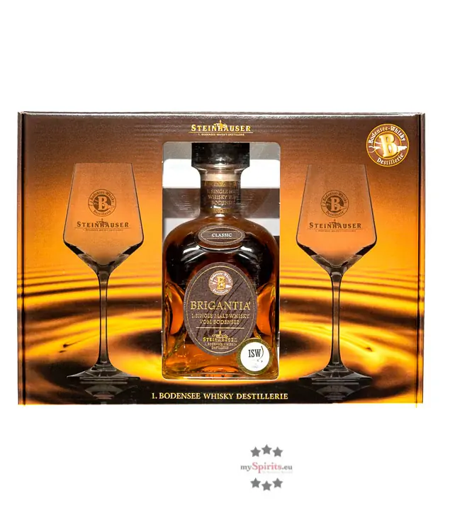 Steinhauser: Whisky Geschenkset Brigantia Classic / 43 % Vol. / 0,7 Liter-Flasche mit zwei Gläsern