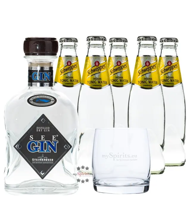 Steinhauser See Gin (48% Vol., 0,7 L) & 5 x Schweppes Indian Tonic Water (0,2 L) + 1 Tumbler inkl. 0,50€ Pfand