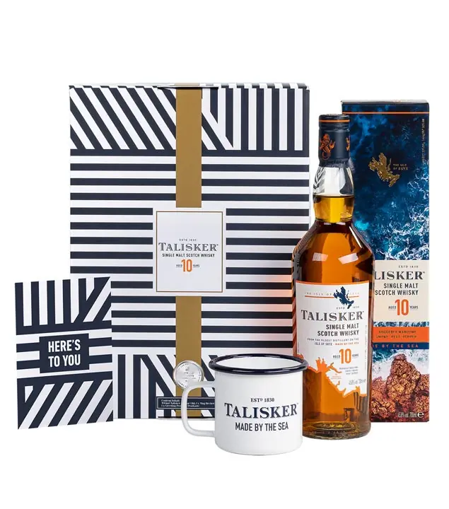 Talisker 10 Years Whisky Geschenkset mit Emaille-Tasse & Grußkarte / 45,8 % Vol. / 0,7 Liter-Flasche in Geschenkbox