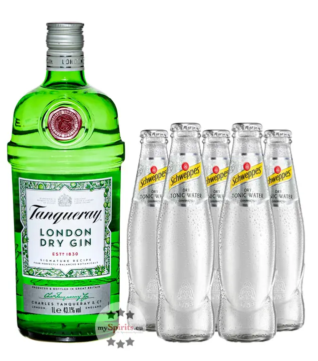 Tanqueray London Dry Gin (43,1 % vol., 0,7 Liter) & 5 x Schweppes Dry Tonic Water (0,2 Liter) inkl. 0,50 € Pfand