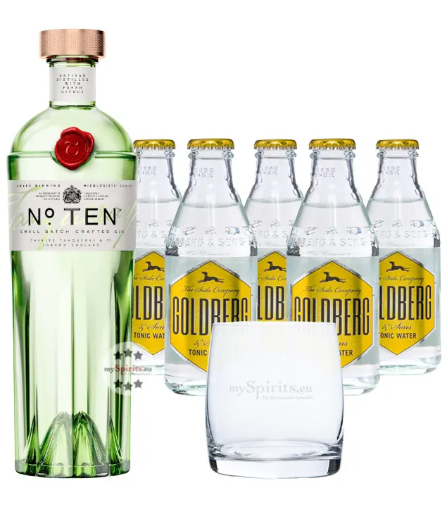 Tanqueray No. 10 Gin (47,3 % Vol., 0,7 L) & 5 x Goldberg Tonic (0,2 L) inkl. 0,50€ Pfand  + 1 Tumbler
