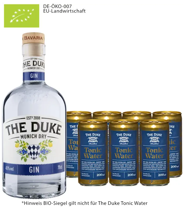 The Duke Munich Dry Gin Bio (45 % vol, 0,7l) & 7 x The Duke Tonic Water (0,2l) inkl. 1,75€ Pfand